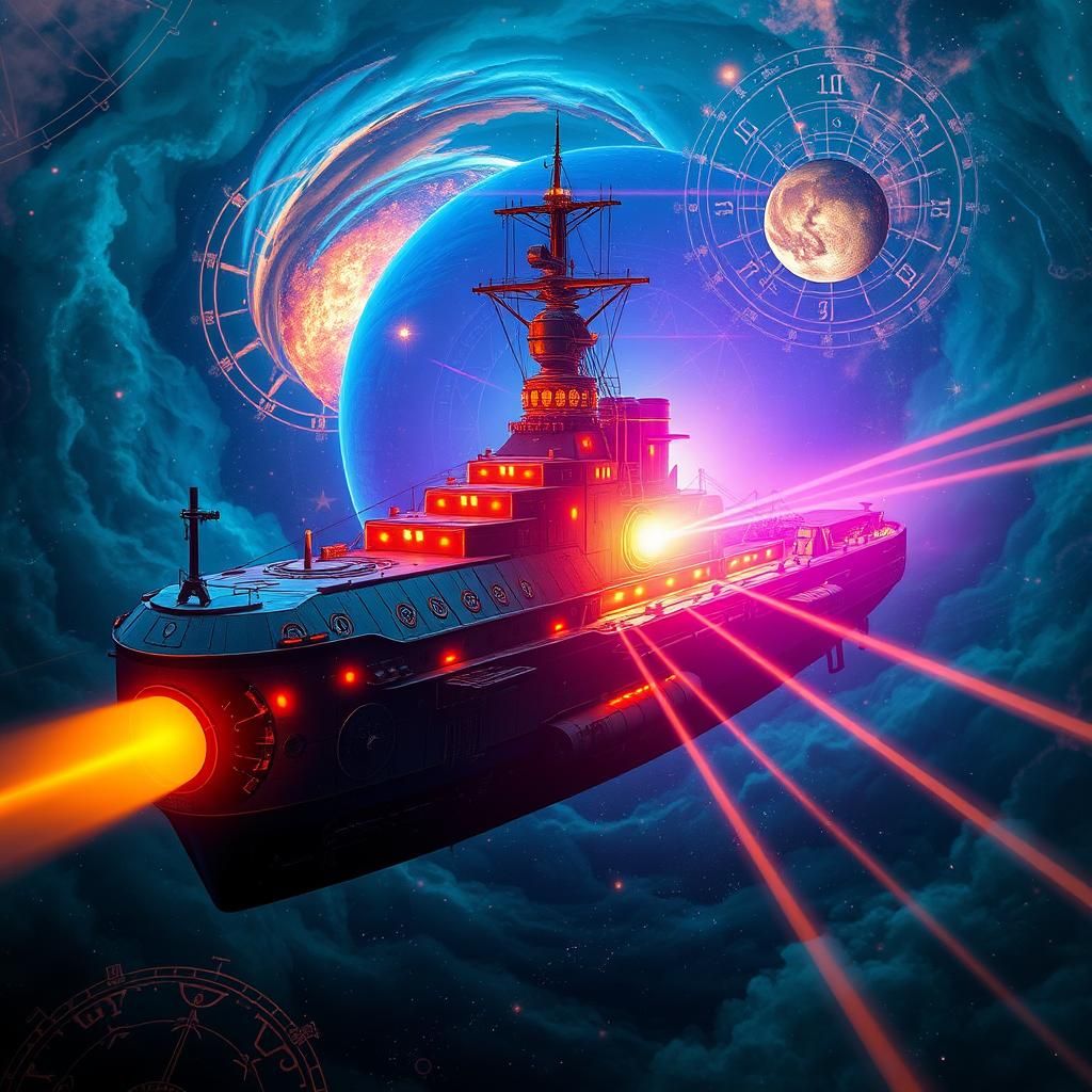 Dieselpunk Battleship Teleports Through Cosmic Nebula