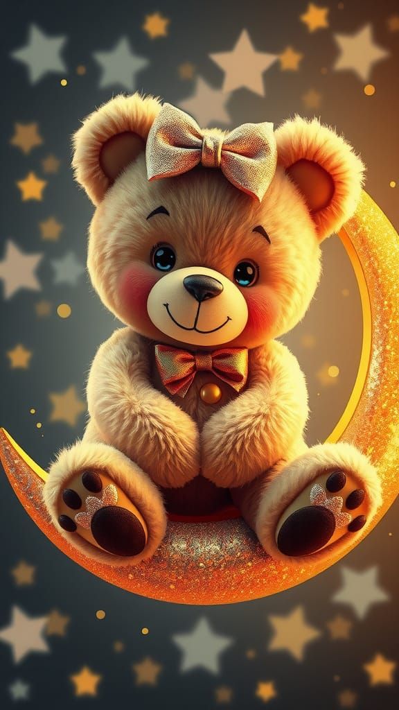 Whimsical Teddy Bear on Glittery Half Moon