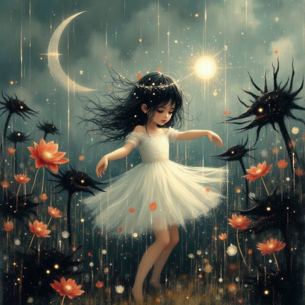 Girl Dances with Mischievous Monsters in Stormy Meadow