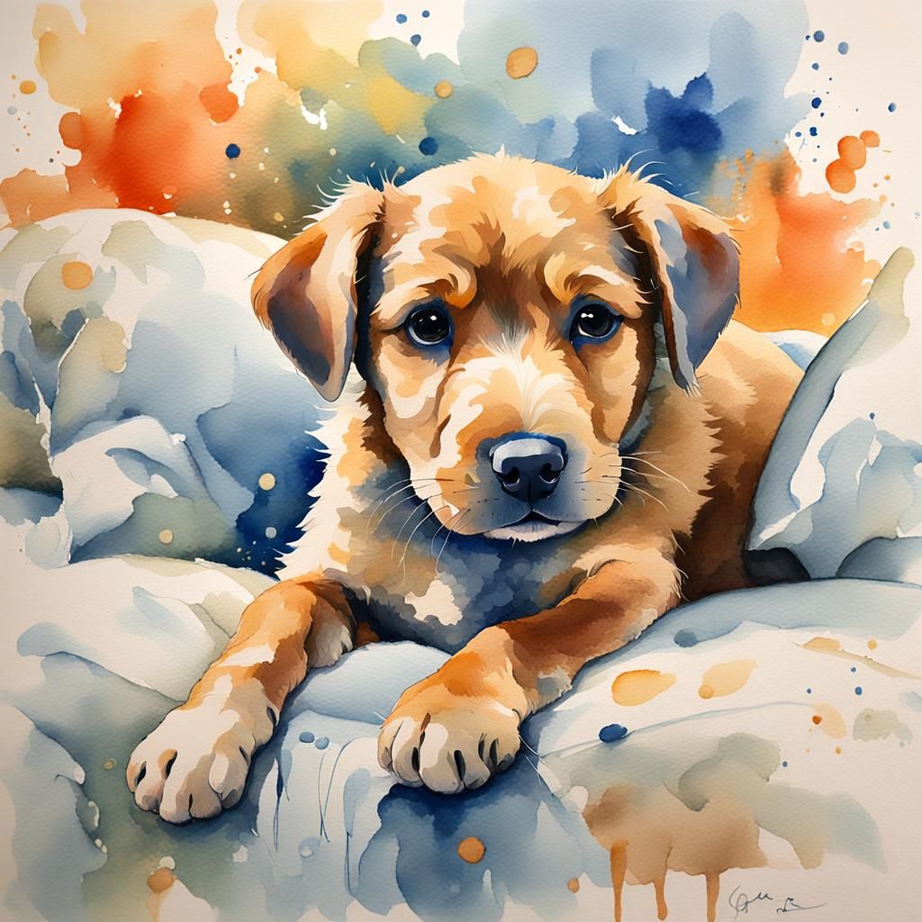 Whimsical Watercolor Puppy on Pillow, Impressionist Style