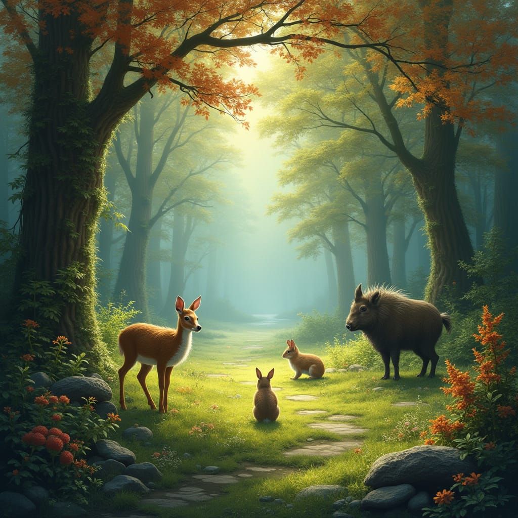 Enchanted Forest Scene with Wild Animals