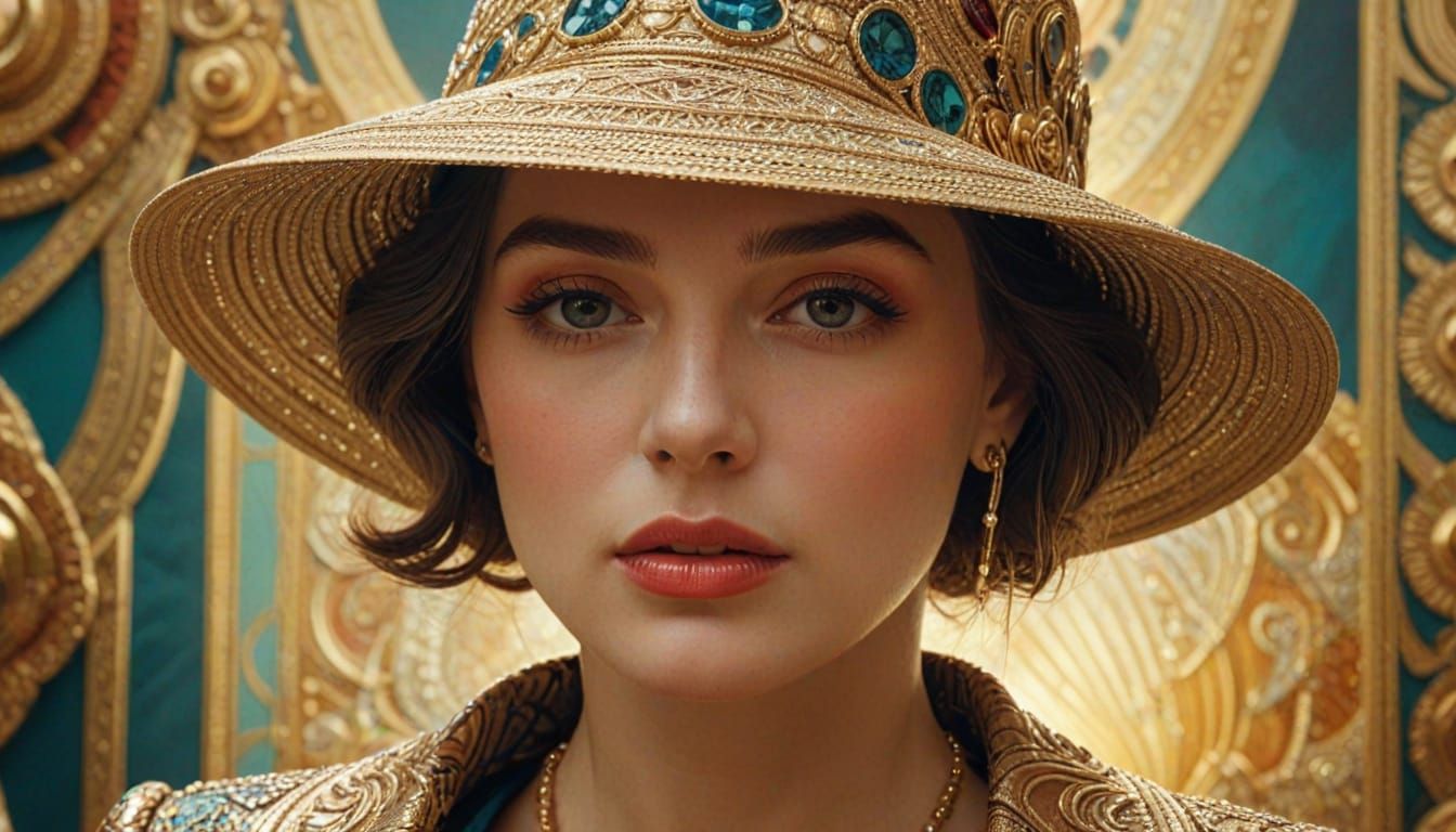 Woman in Strange Hat: Surreal Art Deco Portrait