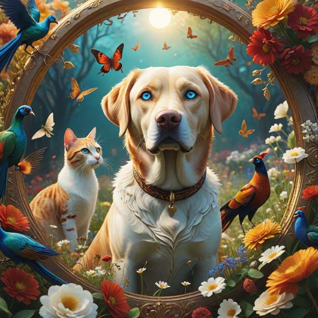Dreamlike Scene of Dogs and Cats in Vibrant Florals