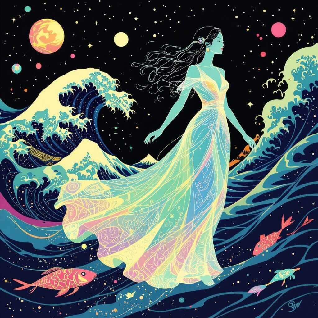 Cosmic Bioluminescent Woman in Surrealist Style