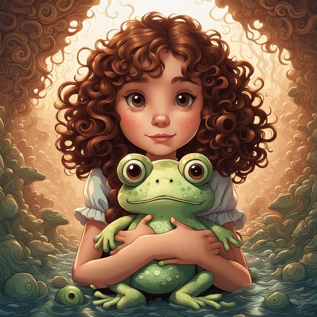 Girl with Froggy Stuffed Animal in Pixar Style