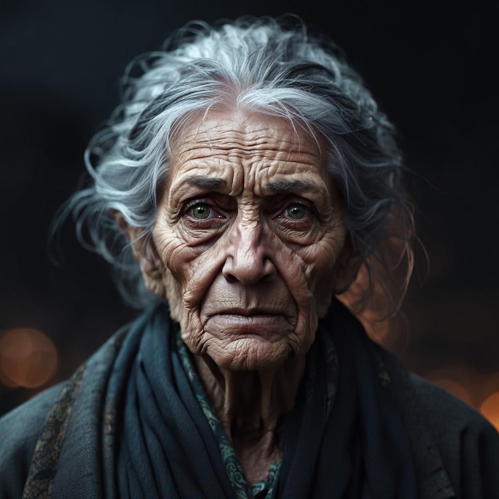 Sad Old Woman Portrait in Street with Volumetric Lighting