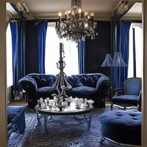 Silver& black alchemy themed living room with Black Gothic Chandelier with Black crystals& Indigo high gothic ceiling& i...