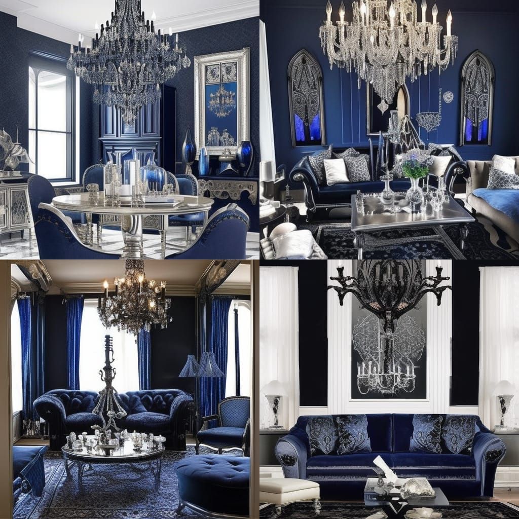 Silver& black alchemy themed living room with Black Gothic Chandelier with Black crystals& Indigo high gothic ceiling& i...