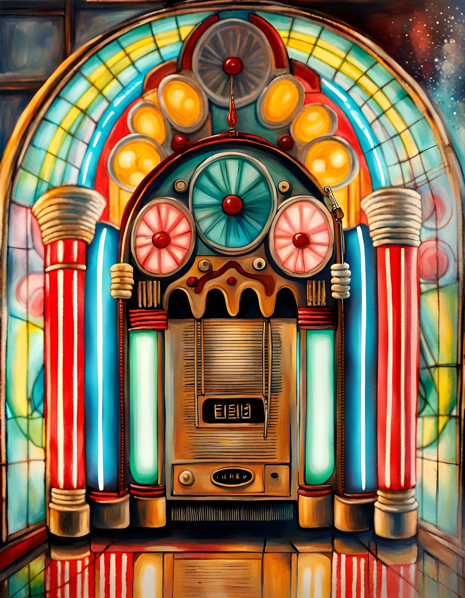 Jukebox Close-up in Naive Art Style