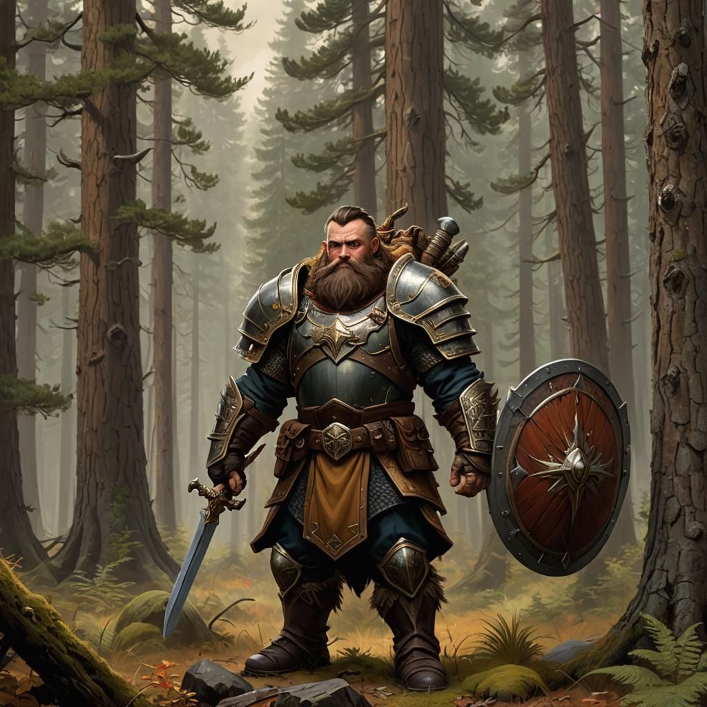 Dwarf Warrior in Autumn Forest, Digital Painting