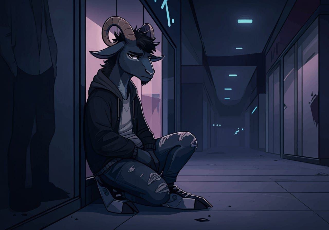 A goat resting on the floor in a dimly lit hallway, surrounded by shadows and a sense of stillness.