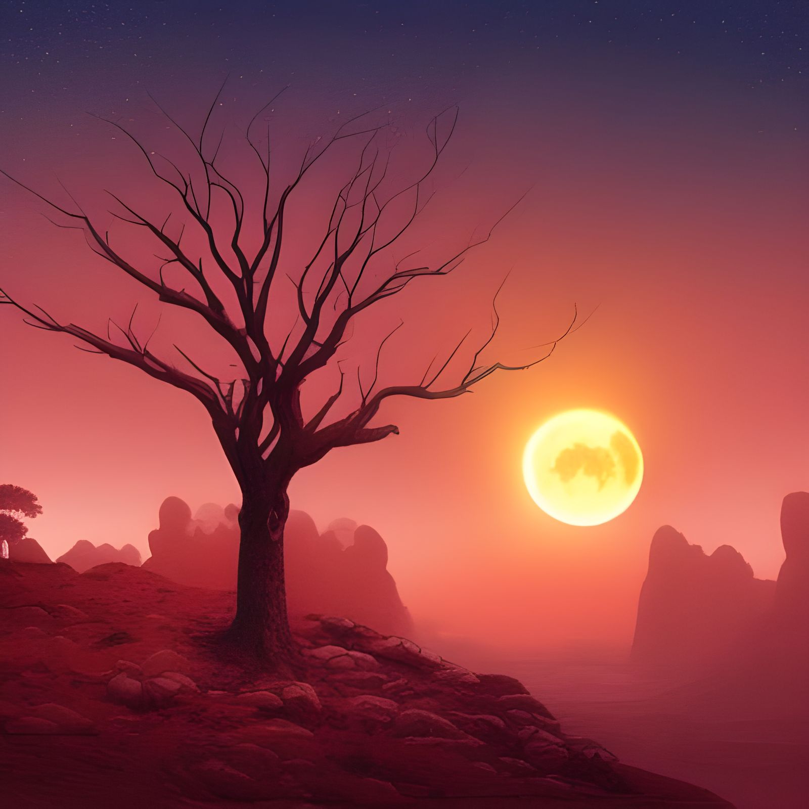 Red Tree Under a Desert Blood Moon