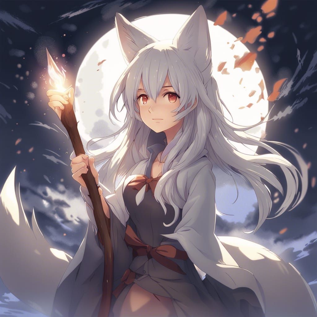 Fantasy Fox Witch with Glowing Wand in Anime Style