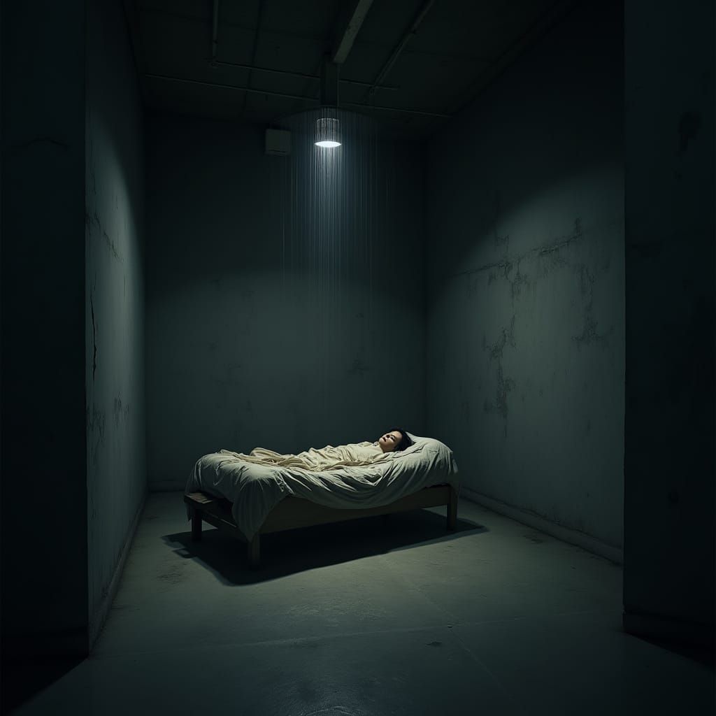 Eerie, Dimly Lit Chamber in Distorted Perspective