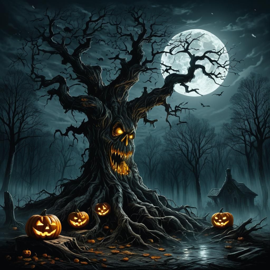 Gnarly Pumpkin in Moonlight: Dark Fantasy Horror