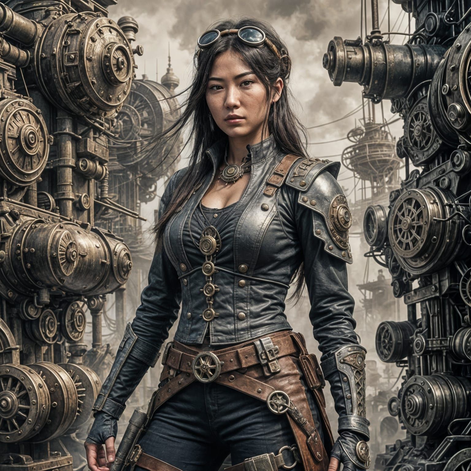 Dystopian Asian Warrior in Steampunk Pencil Sketch