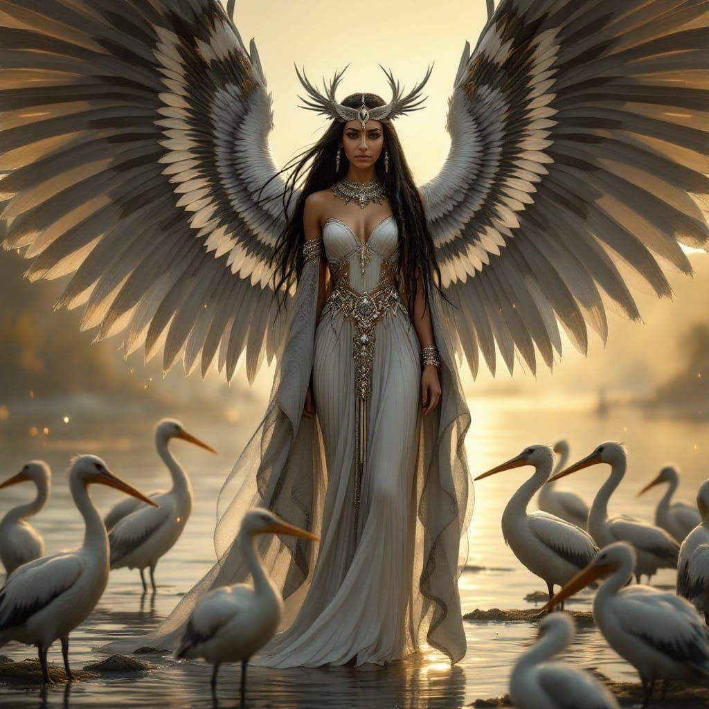 Egyptian Goddess Henet with Wings and Pelicans