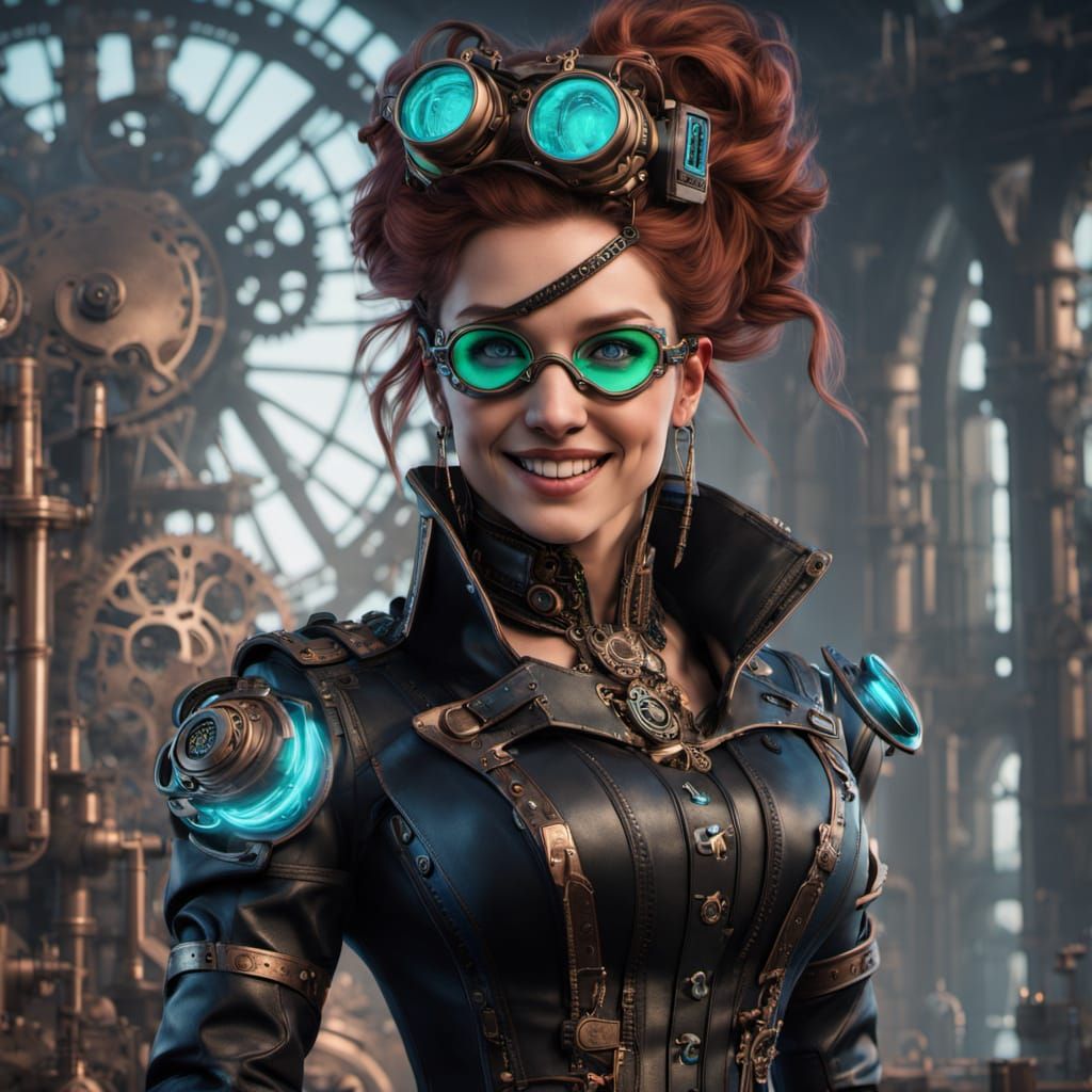 Steampunk Siren Amidst Gears and Neon