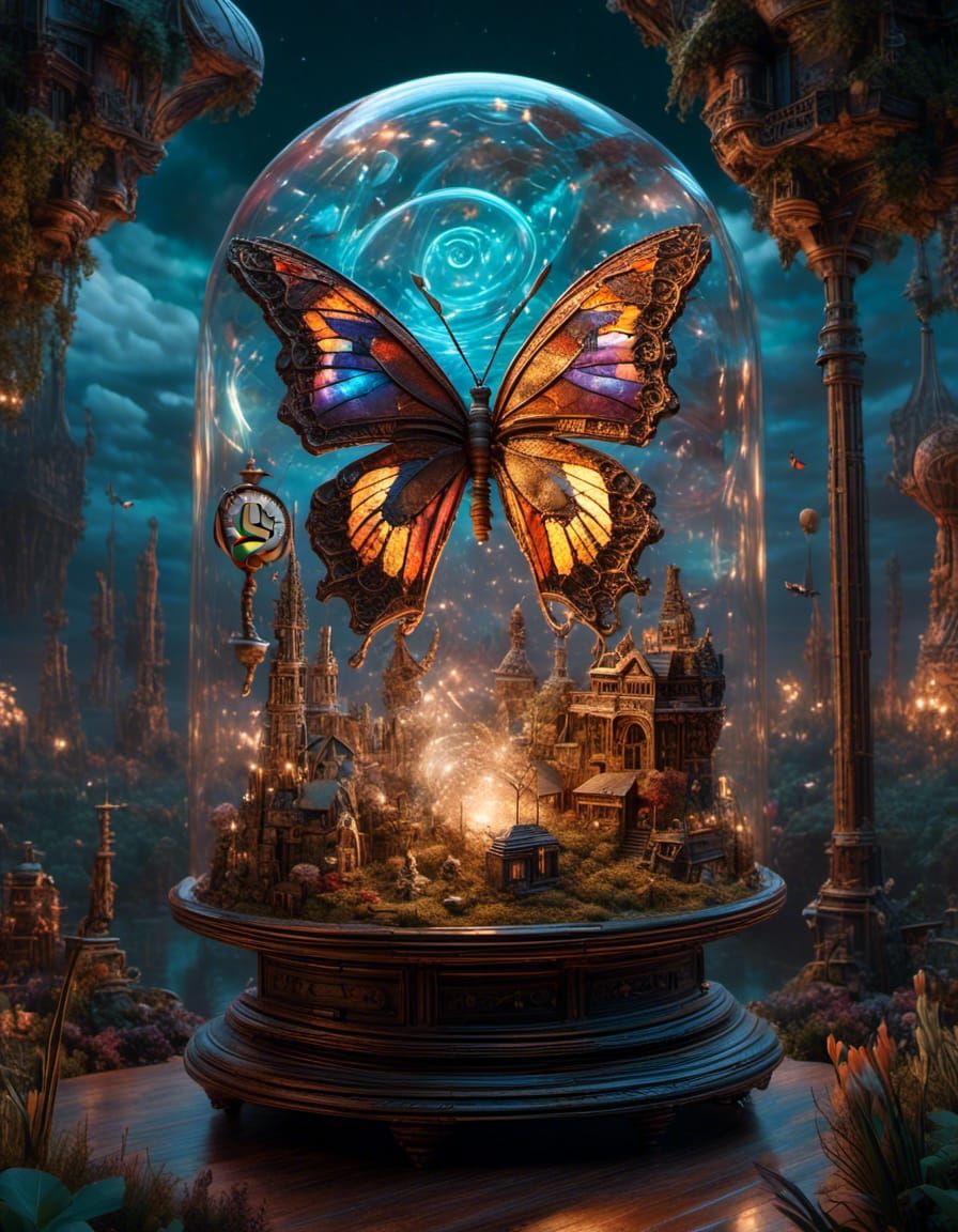 Holographic Butterfly in Steampunk Prehistoric Landscape