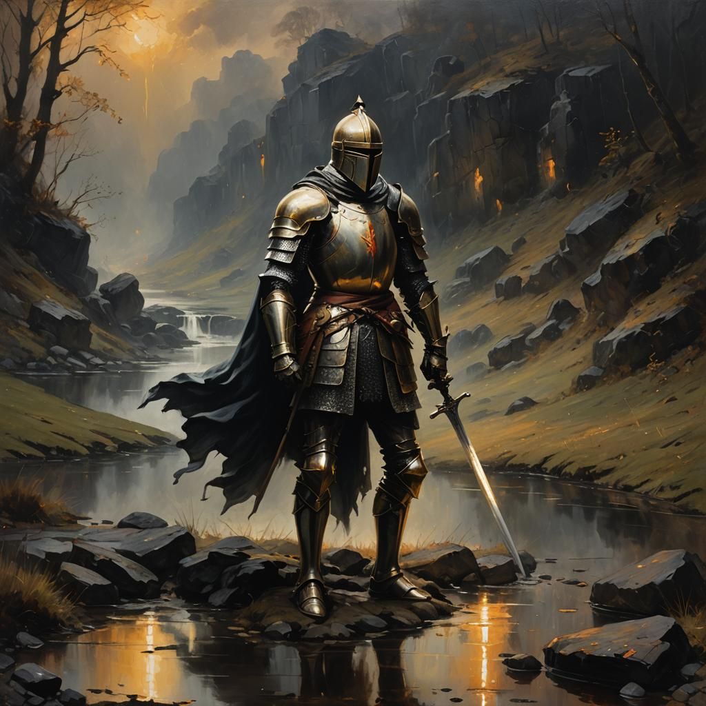 Knight in Dark Landscape Oil Painting