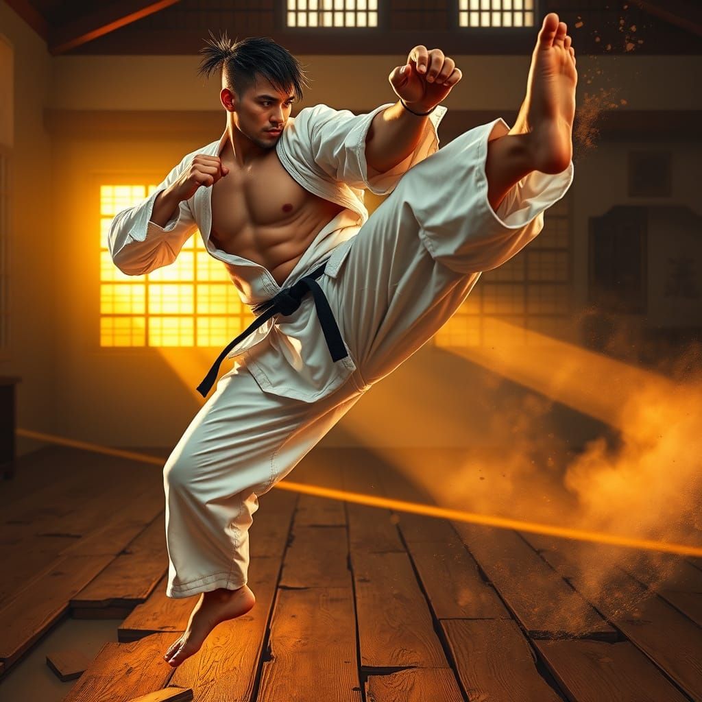 Dynamic Karateka Spinning Kick in Photorealistic Style