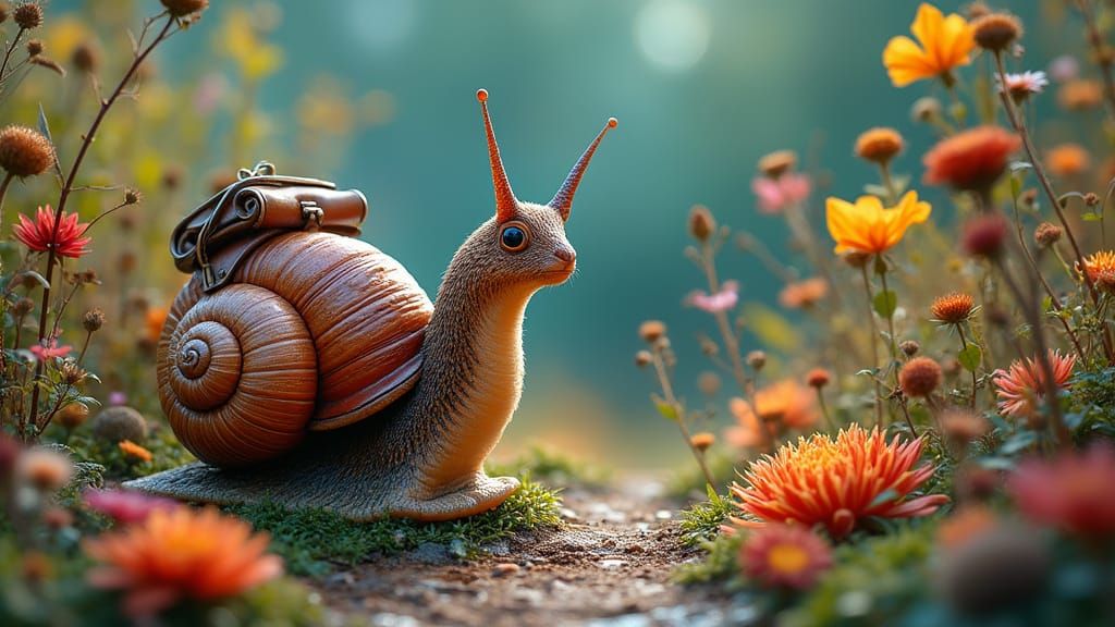 Whimsical Snail with Backpack in Enchanted Garden
