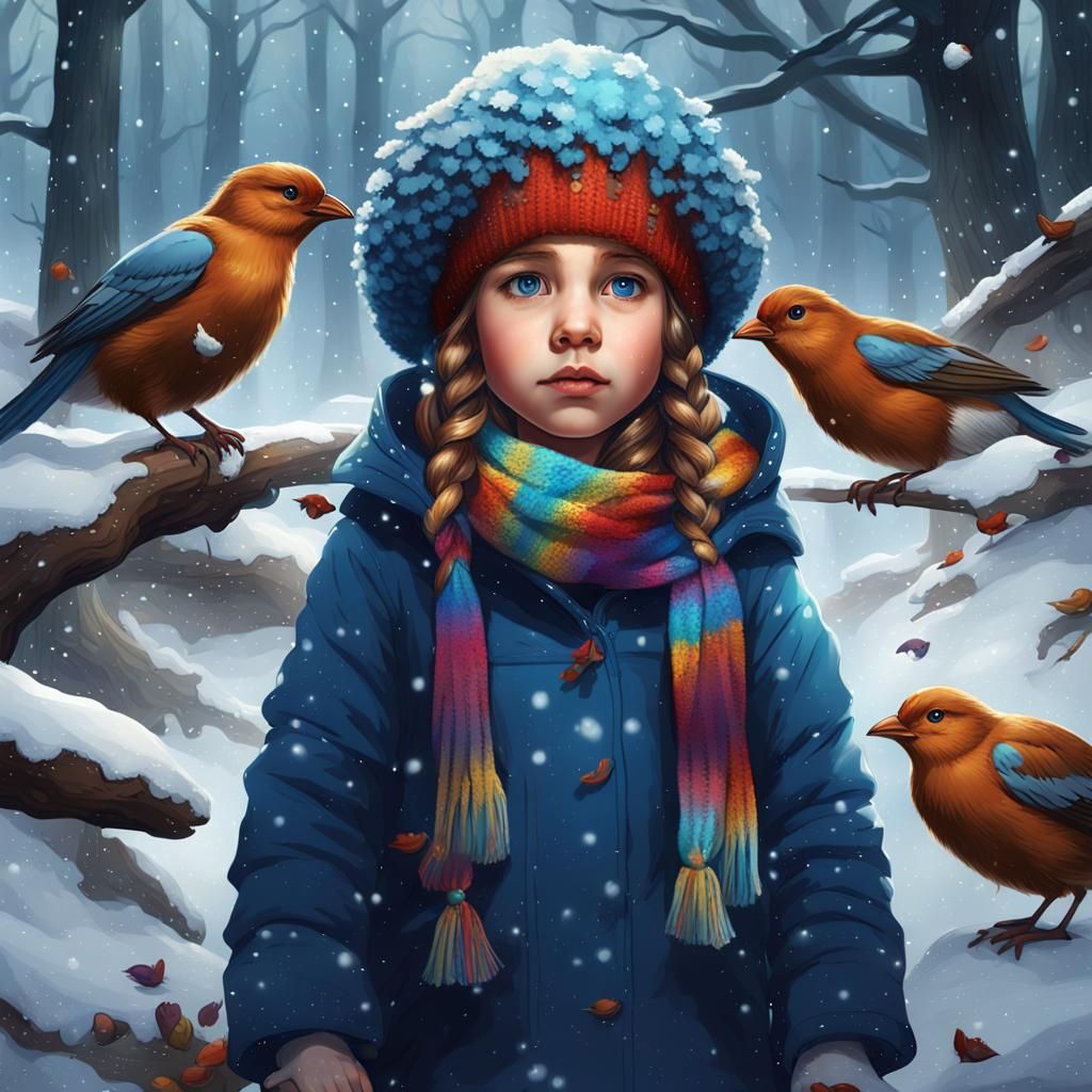 Girl Feeding Birds in Snowy Forest, Matte Painting