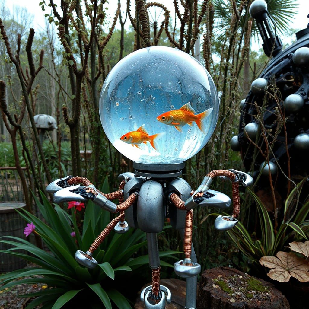 Futuristic Robot with Aquatic Head in Ethereal Garden