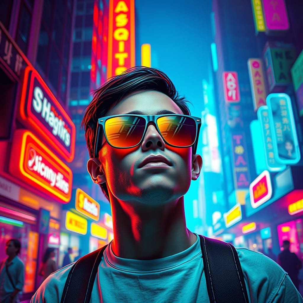 Trendy Shades in a Retro-Futuristic Cyberpunk Cityscape