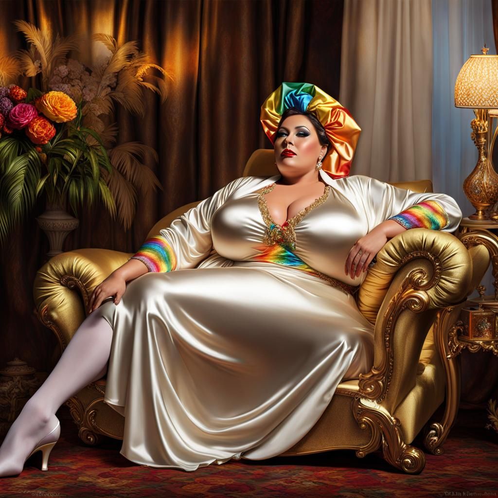 Realistic Artistic Sissy Satin Flamboyant Statuesque Glamorous Big Beautiful Women BBW Women relaxing supine on a Chaise...