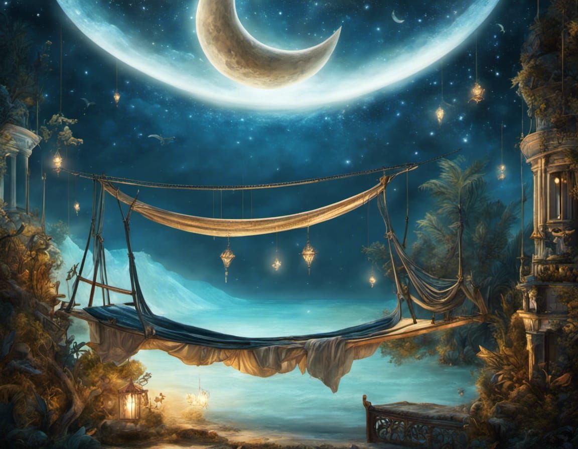 Crescent Moon Canopy Bed in Starry Night