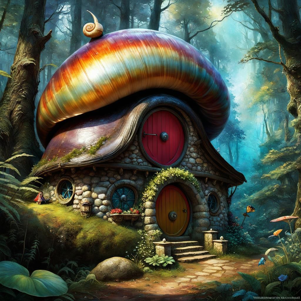 Enchanted Snail Shell Fairy Cottage in Dark Fantasy Style