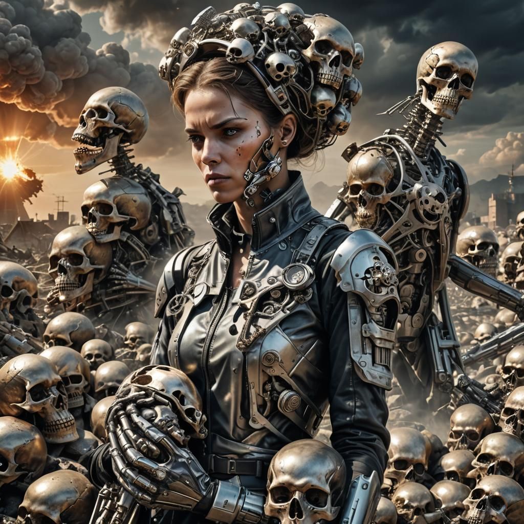 Cyborg Woman with Skull in Post-Apocalyptic Graffiti Art