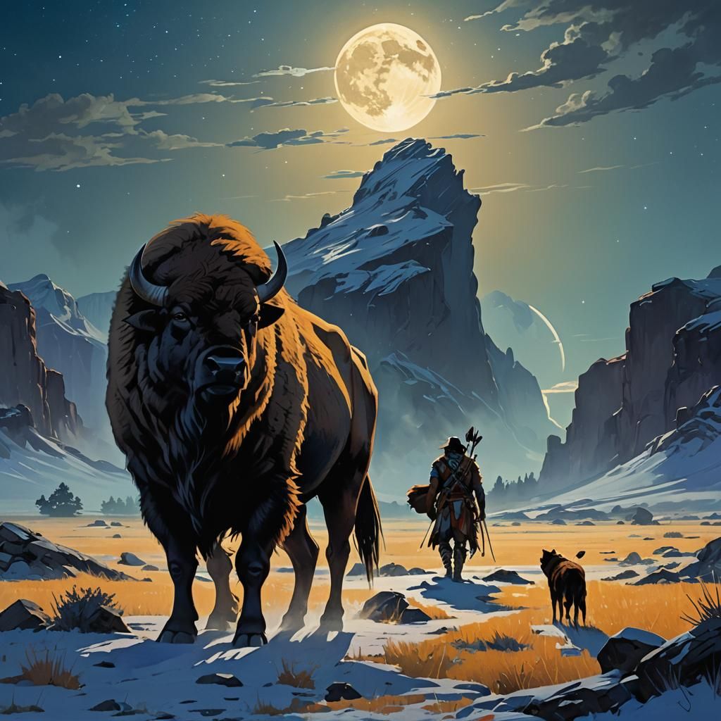 Native American, Bison, and Wolf in Bioluminescent Landscape