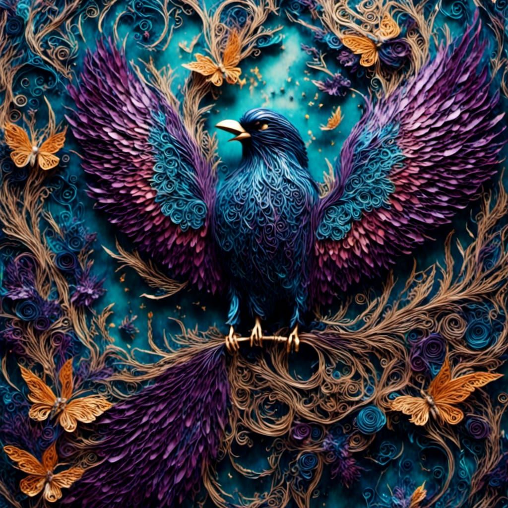 Iridescent Paper Quilled Raven in 3D