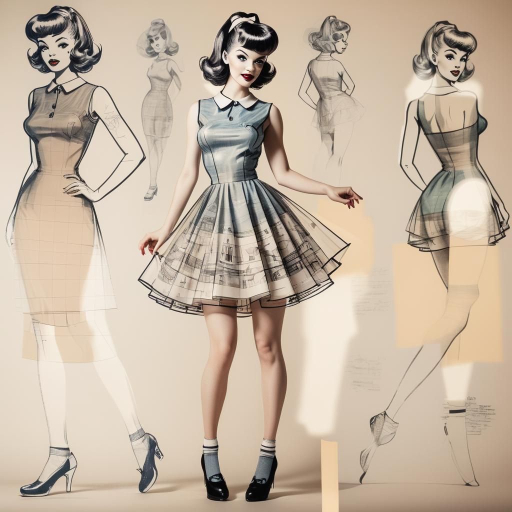 1960's sock hop dress. backround shows sketches of the patte...