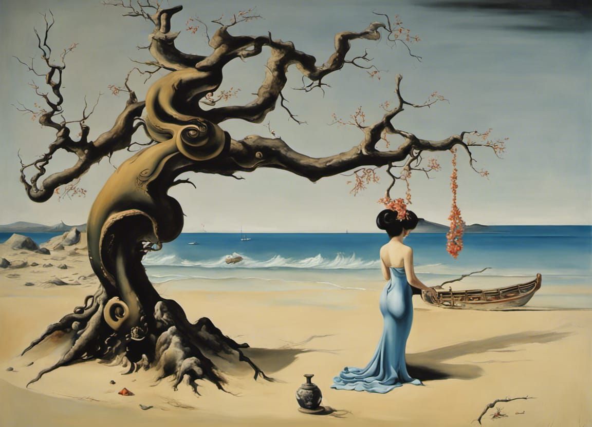 Surreal Geisha on Beach with Snake, Dali Style
