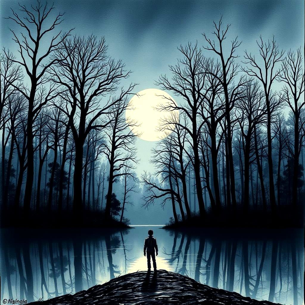 Serene Moonlit Figure Contemplates Nature's Cathedral