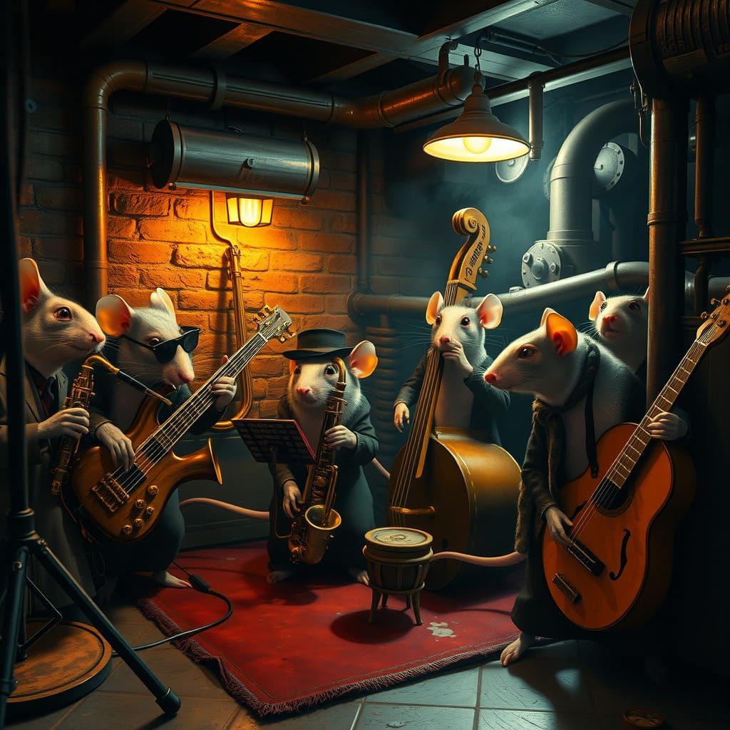 Jazz Rats Jamming in Vintage Dadaist Painting