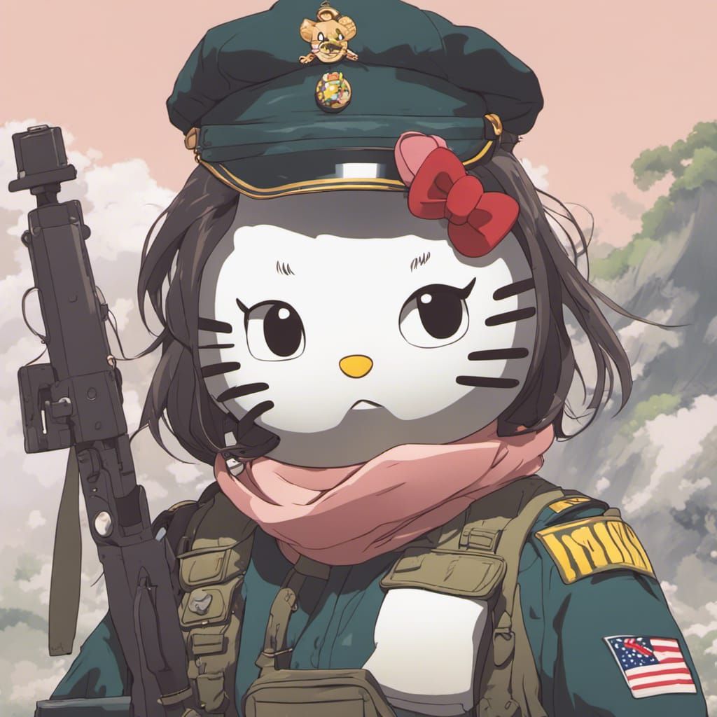 Hello Kitty in Military Outfit, Ghibli Anime Style
