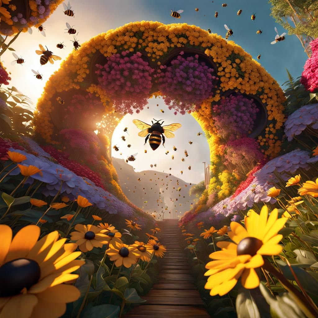 Bees in Flight: Art Nouveau Digital Rendering