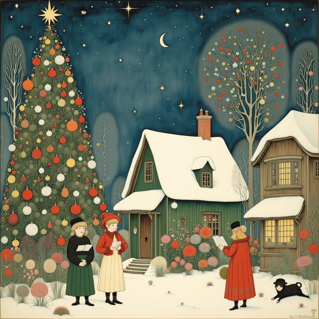 Nostalgic Christmas Carolers in Storybook Style