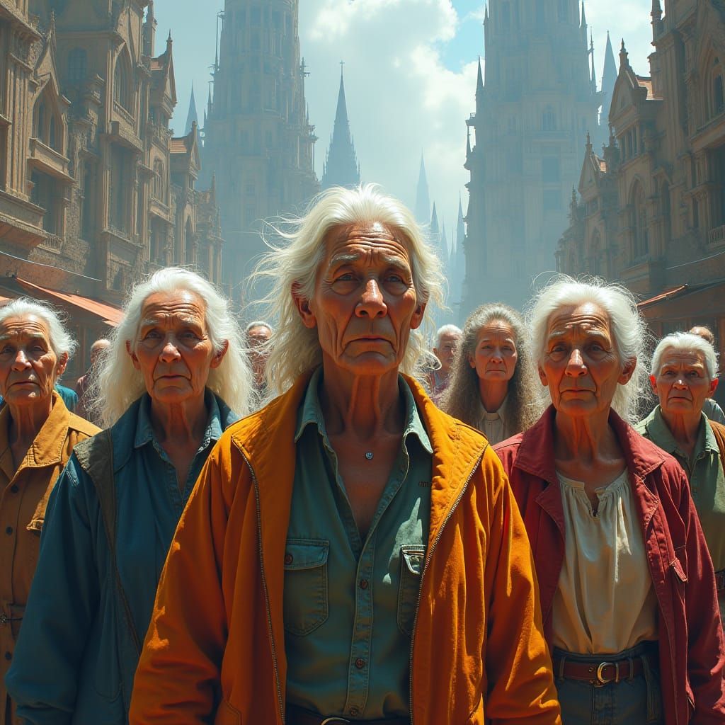 Elderly Figures in Mystical Cityscape Concept Art