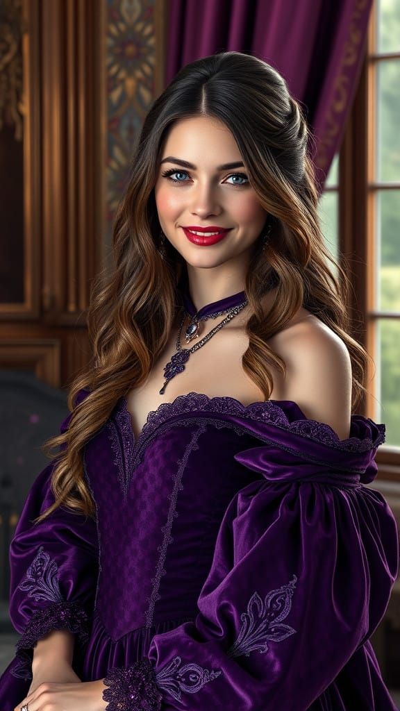 Regal Victorian Lady in Plum Velvet Gown