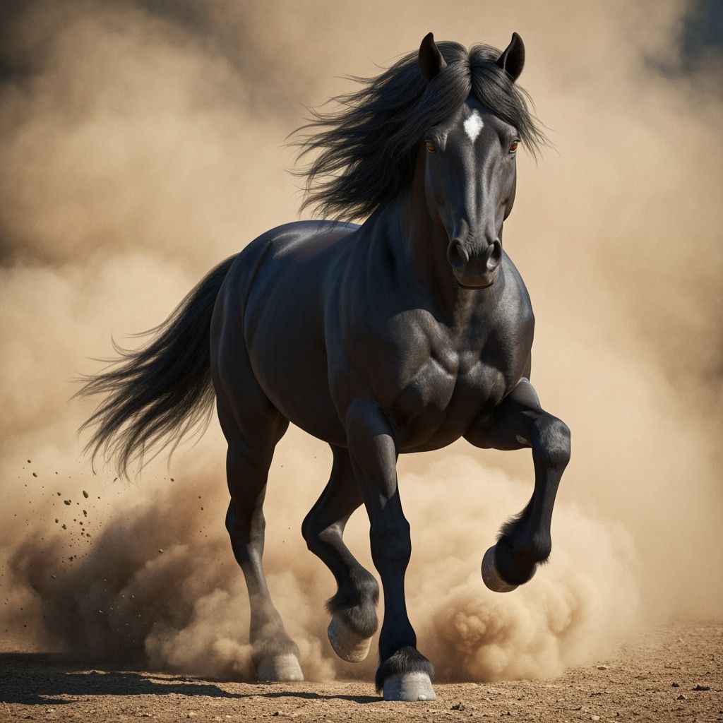 Majestic Black Horse Runs Across Dusty Ground