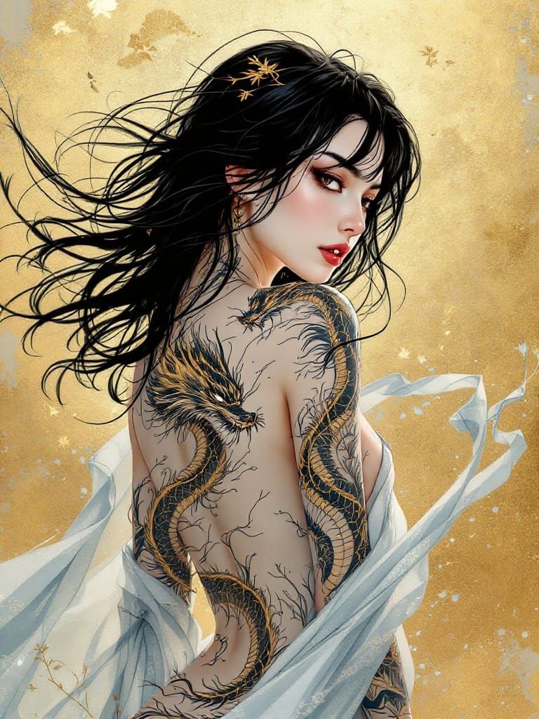 Dragon Tattooed Woman in East Asian Art Style