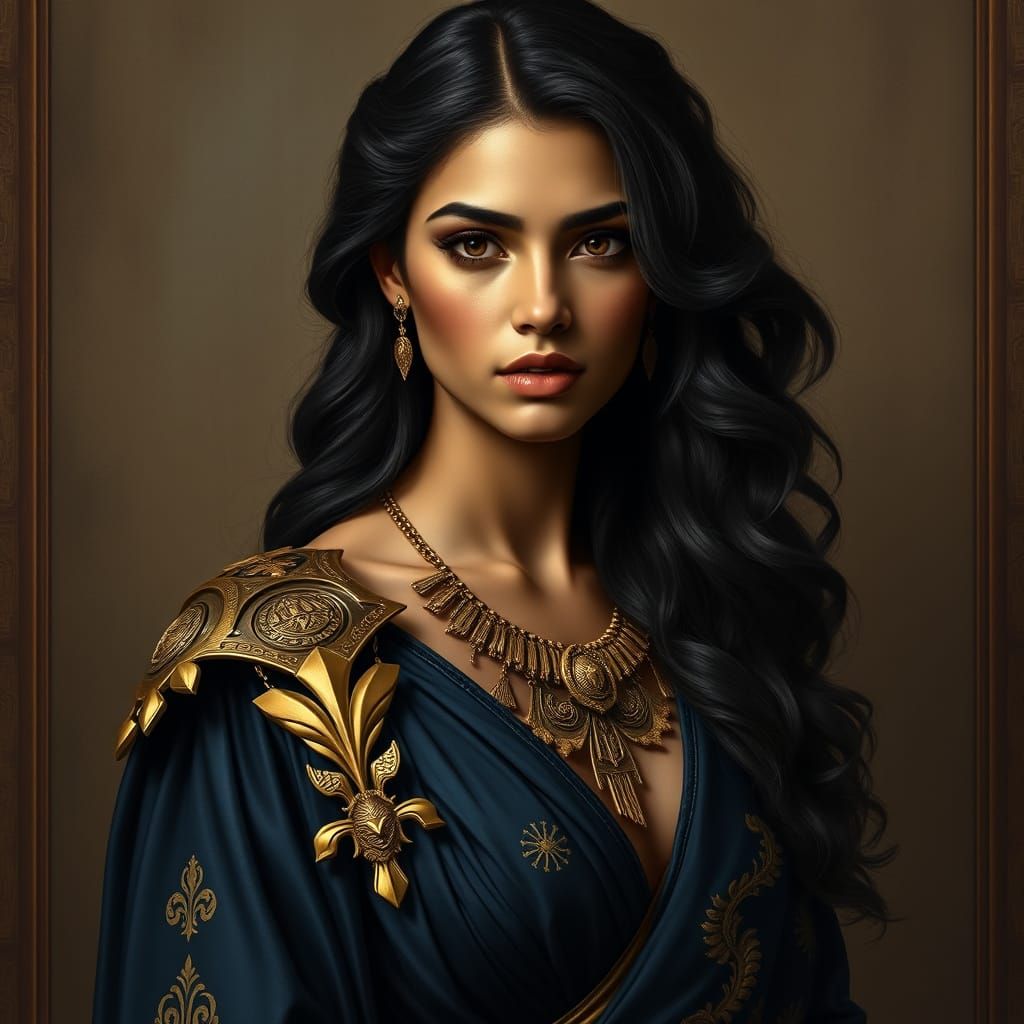 Regal Yemeni Goddess in Elegant Greco-Roman Gown