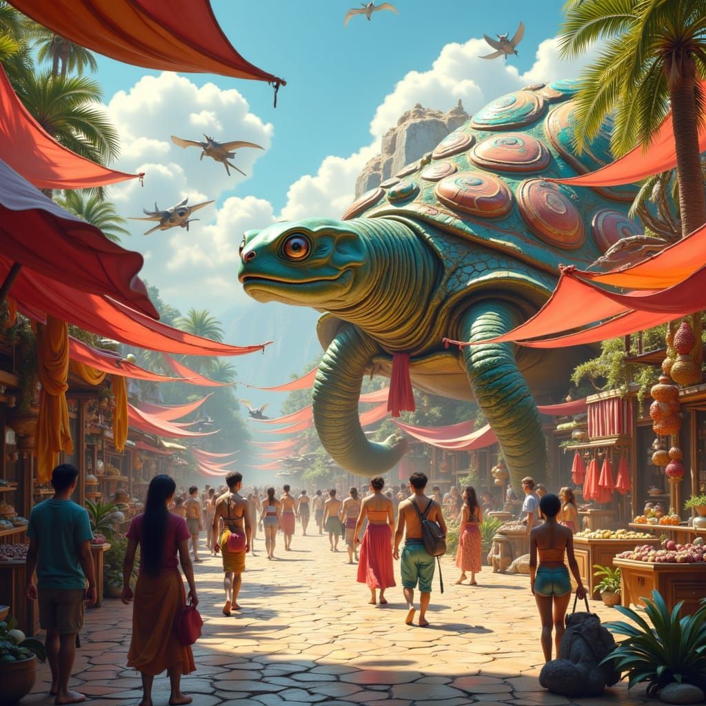 Fantasy Turtle City Marketplace with Flying Vehicles