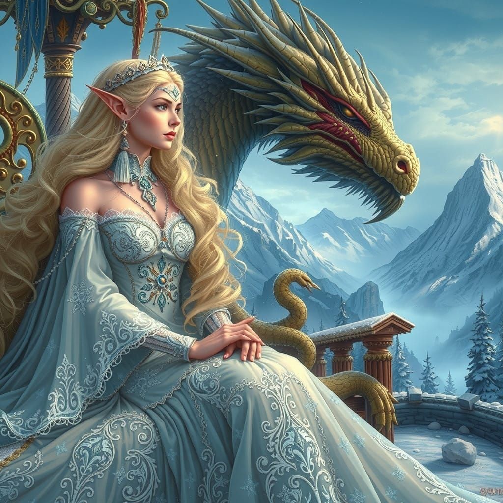 Majestic Blond Elf on Throne, with Dragon Flying in Golden L...