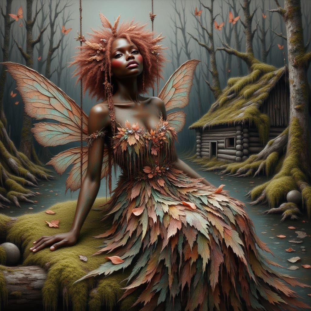 Crimson-Haired Fairy Lounging on Grassy Hill